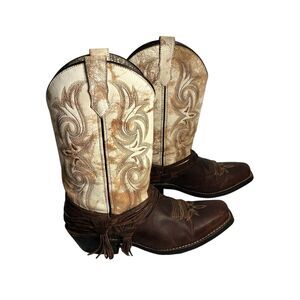 Laredo Women Cowboy Boots Size 9M Leather Upper. Side Tassels. Brown And Tan